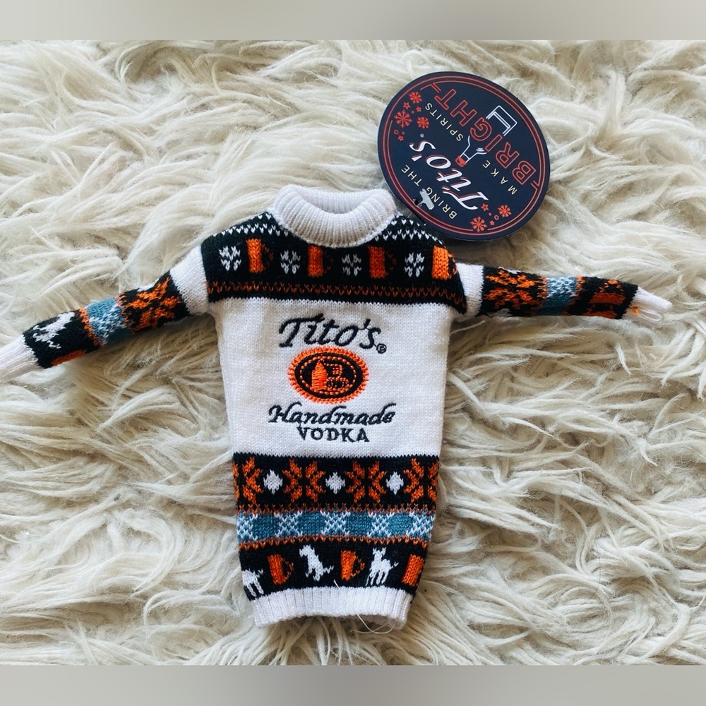 Halloween Tito’s bottle sweater.  Perfect to “dress up” a gift of Titos.